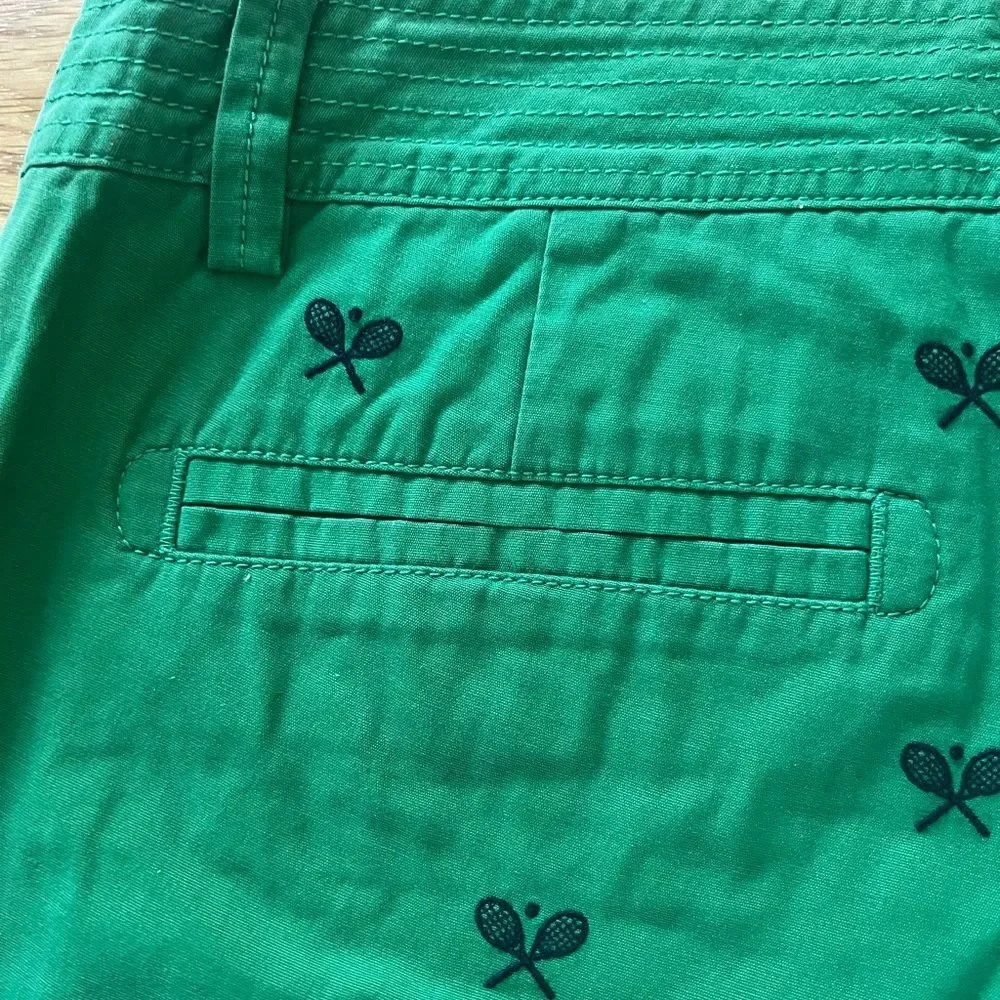 J Crew Women's Green Bermuda Shorts with Embroidered Navy Tennis City Fit Size 6